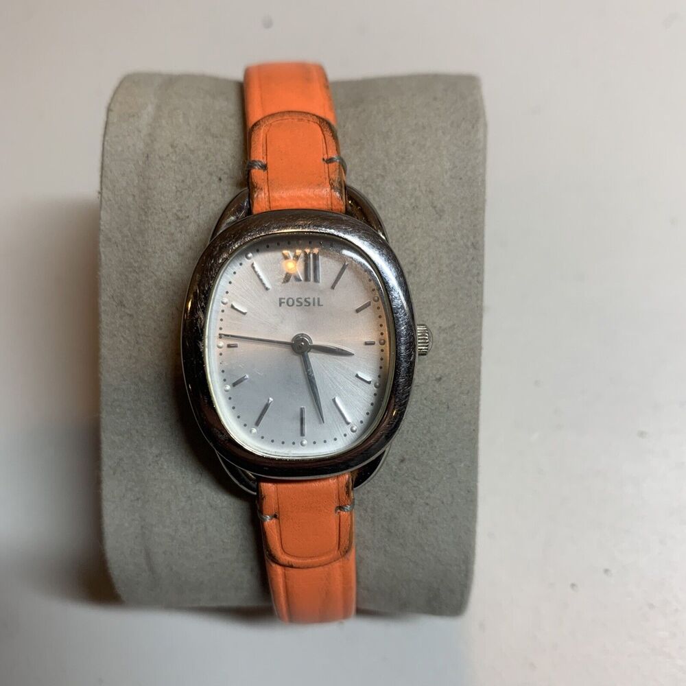 Fossil Watch ES3555 Quartz Roman Numeral Silver Dial Orange Leather Women Watch